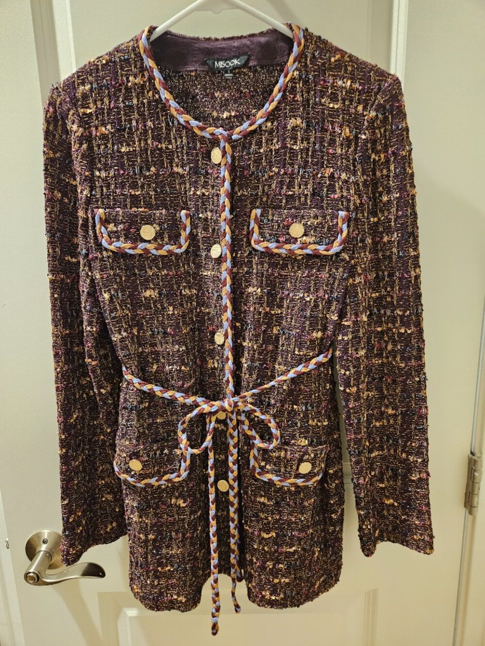 Misook Purple Brown Tweed Knit Braid Trim Button Front Jacket Sz S